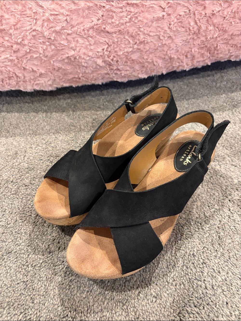 Clarks Artisan black suede wedge sandals